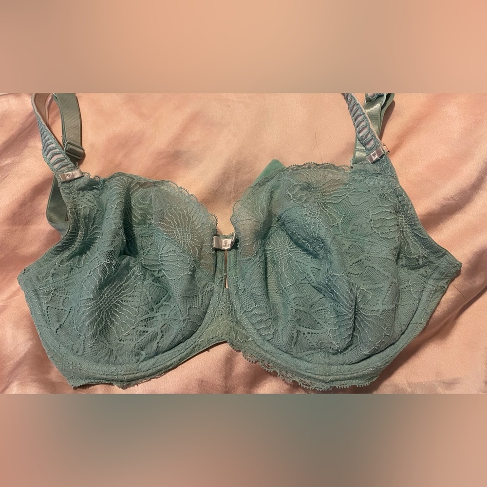 Lace Underwire Bra in Seafoam Green with Light pink accents 32DDD/F